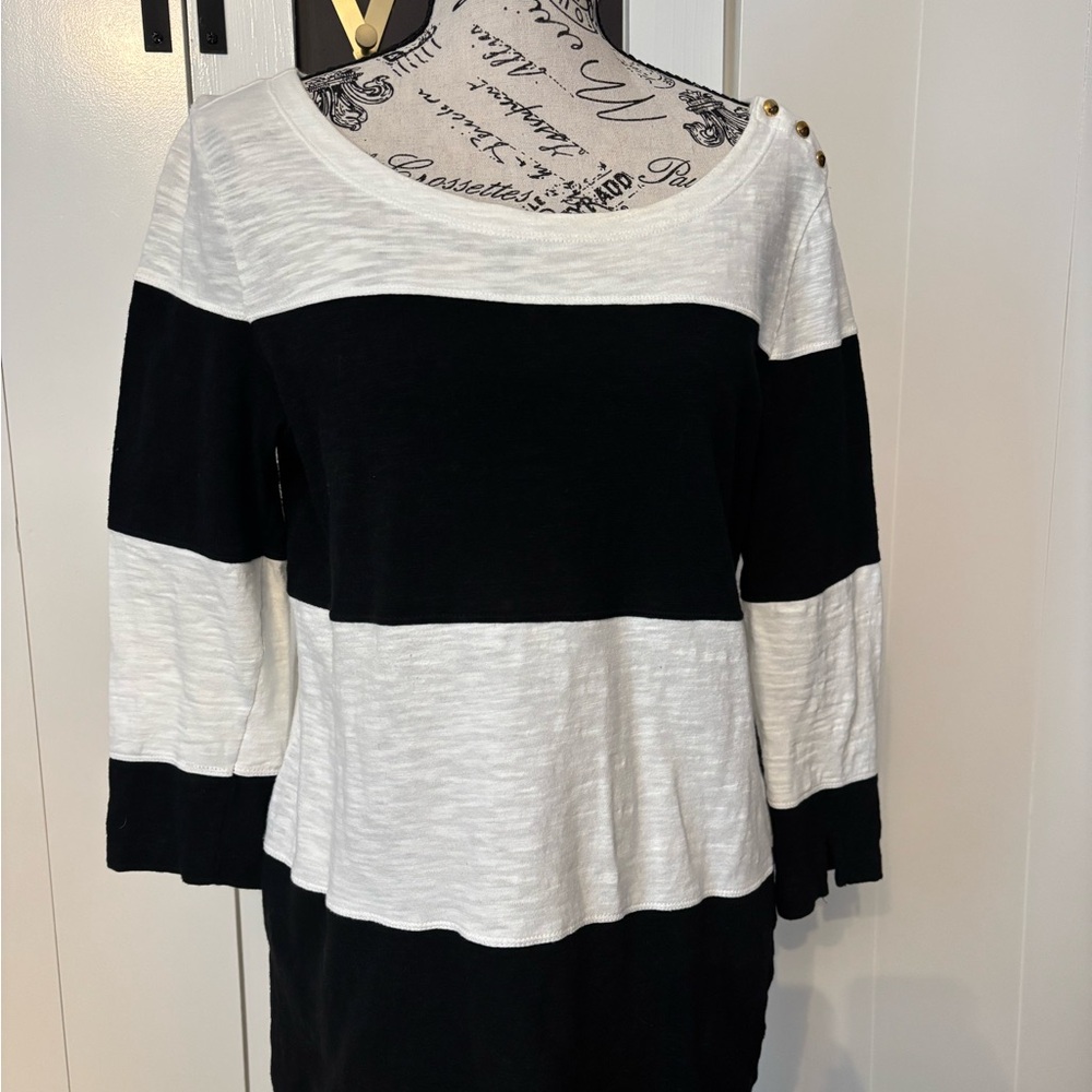 Banana Republic Black and White Striped Boatneck Top with Gold Buttons